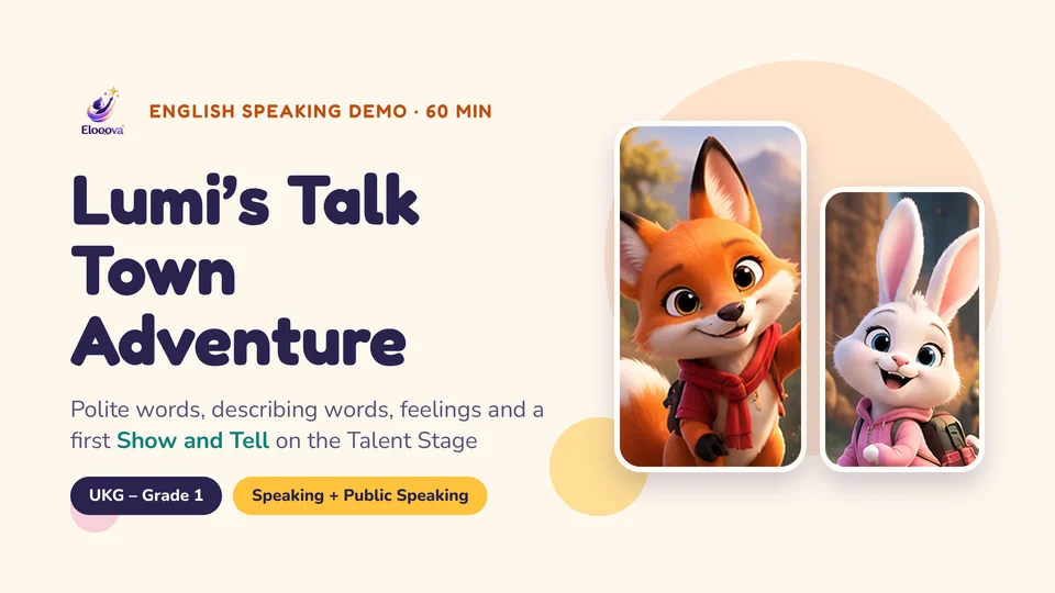 Opening slide of Lumi's Talk Town Adventure, a Eloqova lesson for UKG – Grade 1